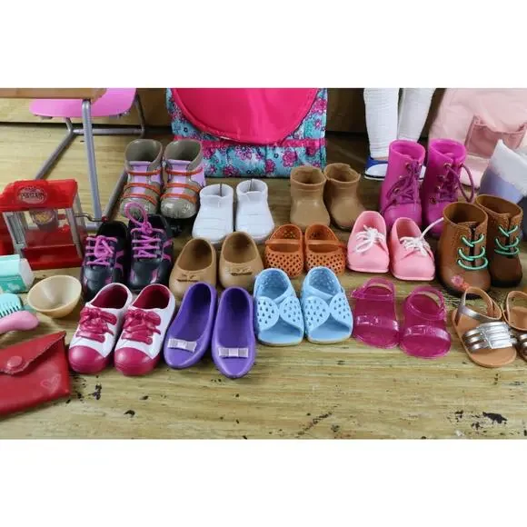 Our Generation Doll Lot of 42 Blonde Girl Shoes Boots Sandals Desk Bean Bag pack